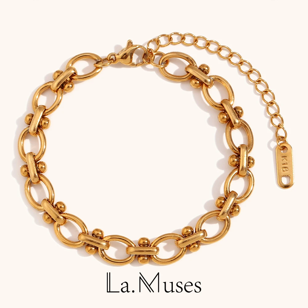 La.Muses Stylish Handmade Oval Flower Chain Stainless Steel Bracelet For Women 18K Gold Plated Luxury Brand Jewelry