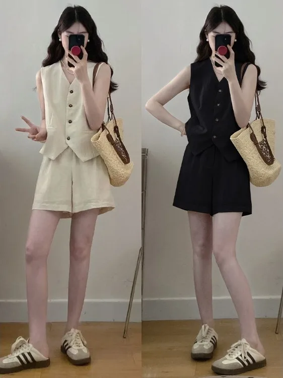 

plus Size Women's Summer New Loose Linen Tank Top Shorts Two-Piece Set Fashionable Versatile High Waist Workwear Style