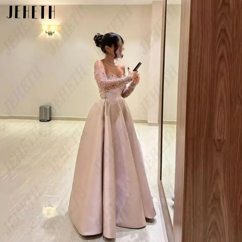 JEHETH Saudi Arabia Evening Dresses For Woman 2024 Long Sleeves A-Line Strapless Satin Beading Real Photo فساتين مناسبة رسمية