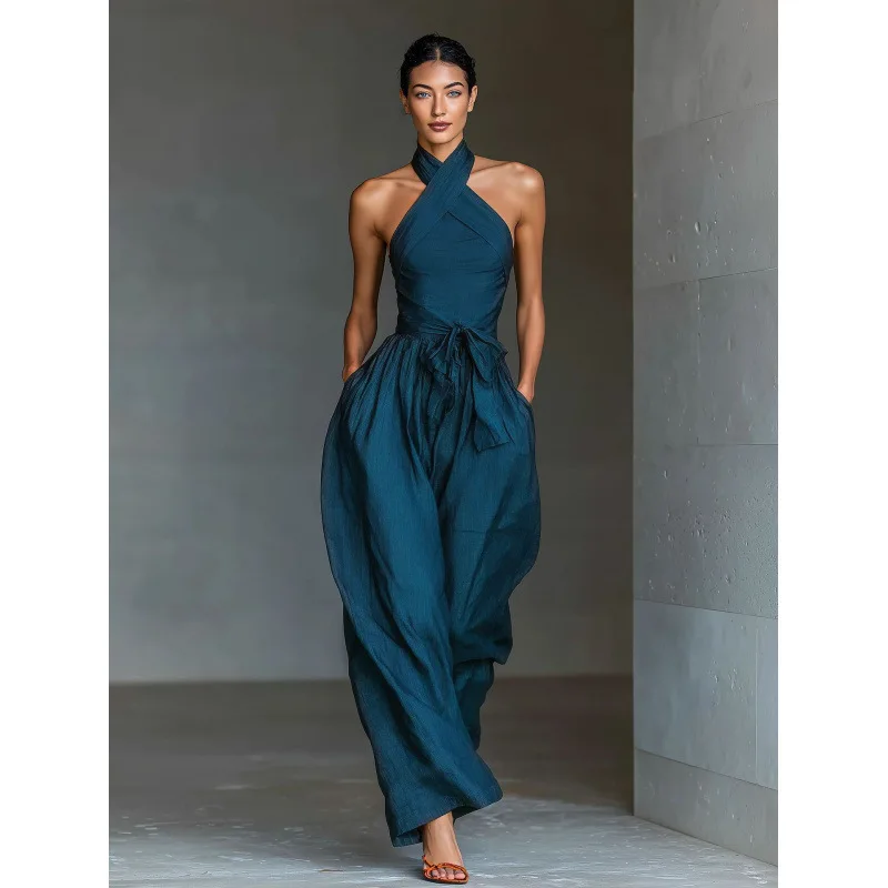 Elegant Women Halter Cross Neck Jumpsuit Sleeveless Drawstring Waist Wide Leg Pants Solid Pocket One Piece Romper For Daily