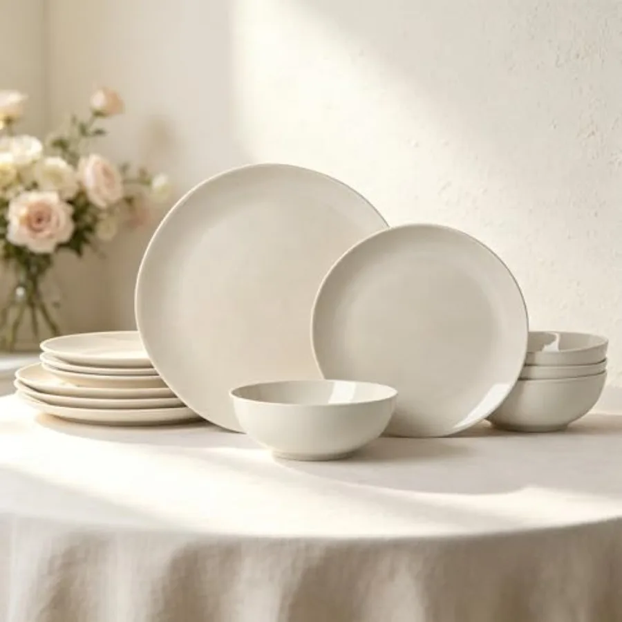 

Ceramic Dinnerware Sets-12 Pieces Set Plates Pasta Bowls Soup Bowls Modern Stoneware Dishes Reaction Glaze Black