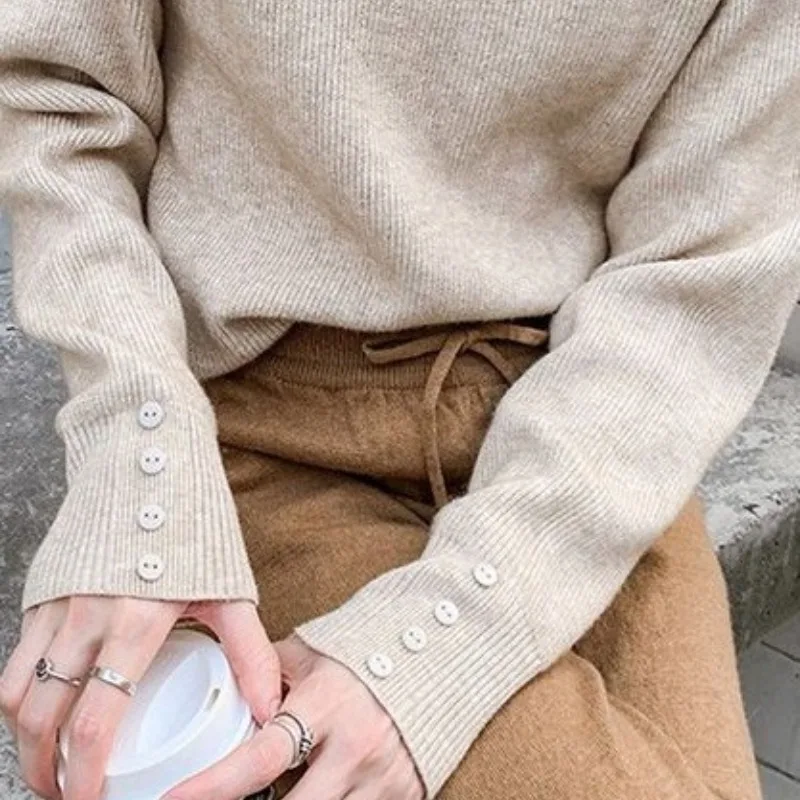 Women\'s Autumn Winter New Fashion Solid Color Pullover V-neck Button Casual Versatile Long Sleeve Loose Sweater Knitted Tops