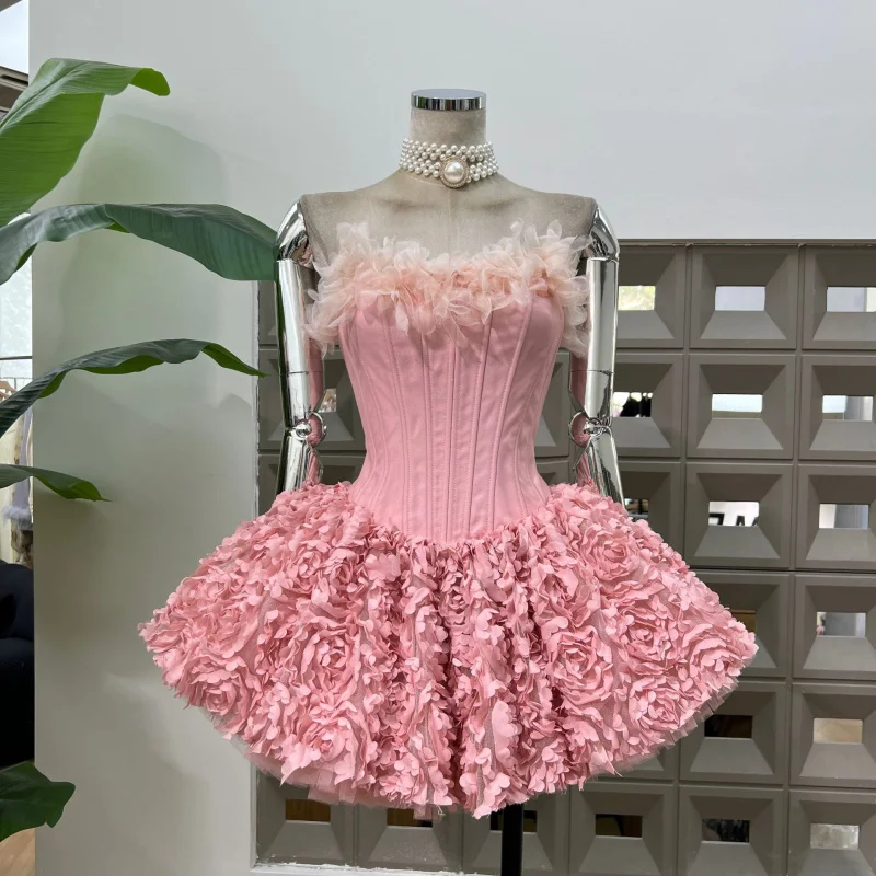

New 2025 Fishbone Ballet Skirt Puffy High-End Heavy Craft Lace-Up Strapless Dress for Petite Figures Slimming