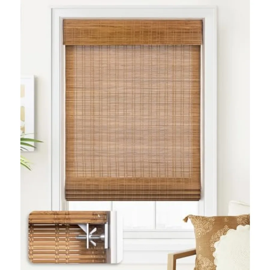 

No Tools No Drill Cordless Bamboo Roman Shades, Light Filtering Window Treatment, Roll Up Bamboo Blinds for Window 35'' W x 64'
