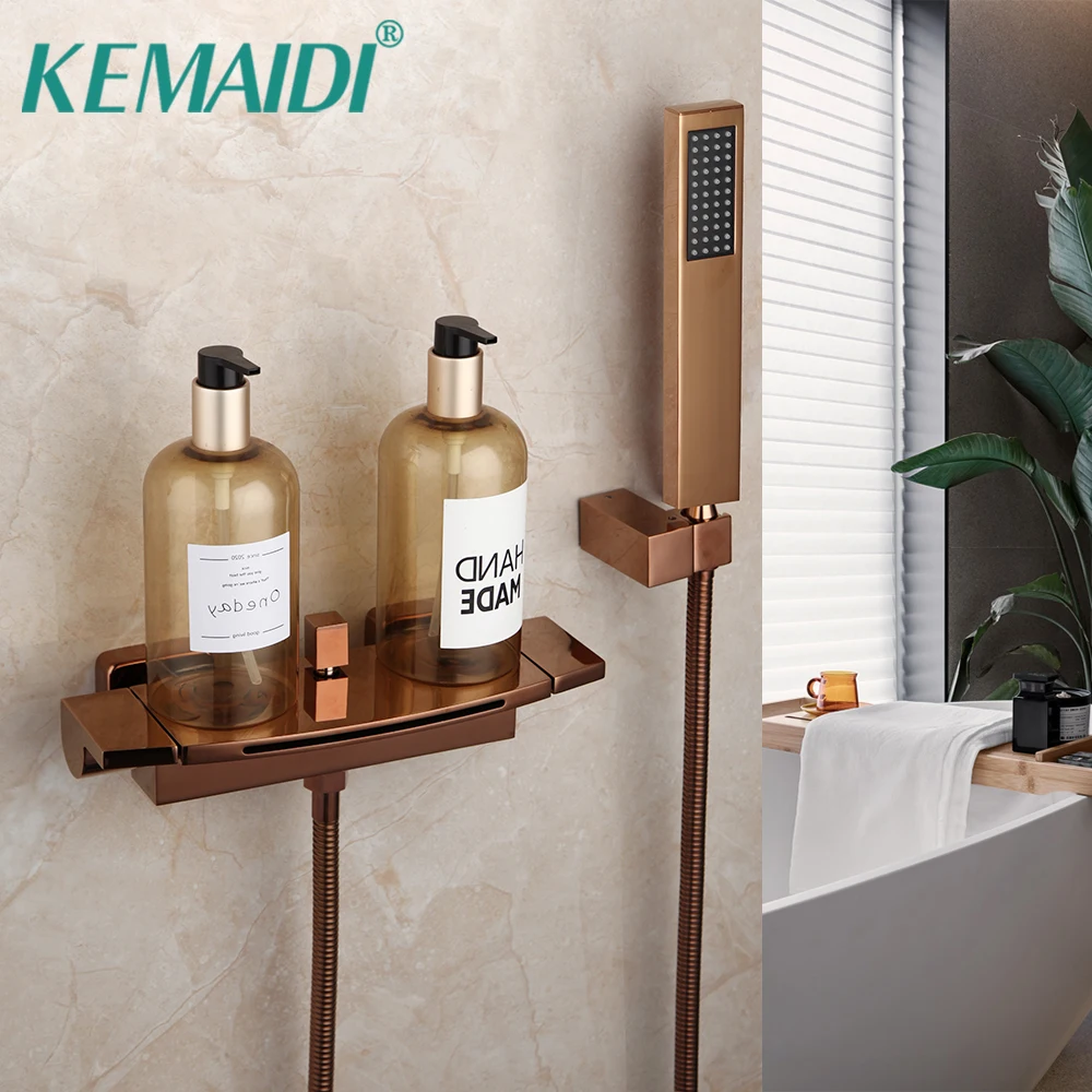 KEMAIDI Brass Bathroom Bathtub Shower Faucet Rose Gold  Waterfall  Hot and Cold Water Mixer Tap Wall Mounted Tub Tap