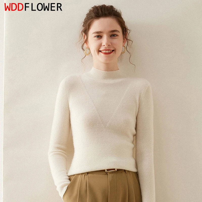 Women Sweater 35% Cashmere 30% Wool Solid Colors Knitted Mock Neck Long Sleeve Pullover Rib Top Base Shirt S M L XL XXL ZJ015