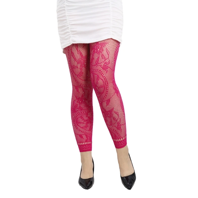 Fishnet Leggings Floral Patterned Rhinestones Footless Ankle Tights for Womens