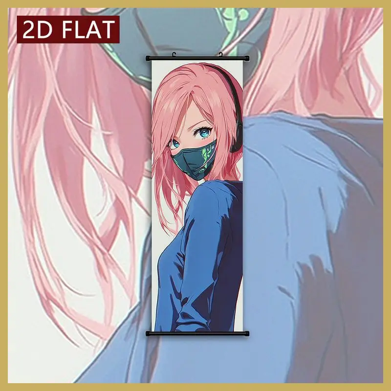 VIKAMA Anime Girl Wall Scroll Tapestry Pink Hair Headphone Mask Cool Poster Hanger Vertical Art for Bedroom Living Dorm Decor