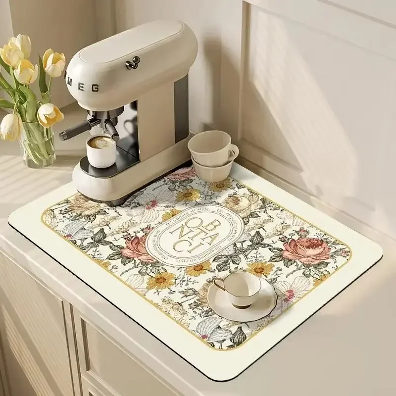French Floral Tableware Drain Mat—Absorbent, Washable Kitchen Countertop Mat and Coffee Maker Drip Mat, Home Decor