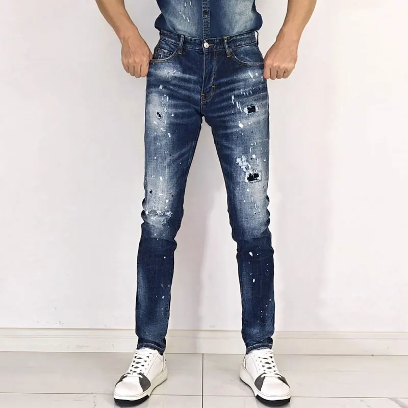 Fashionable new men's blue jeans, painted, washed, worn, elastic, slim fit jeans, designer high street hip-hop brand pants, Y2K