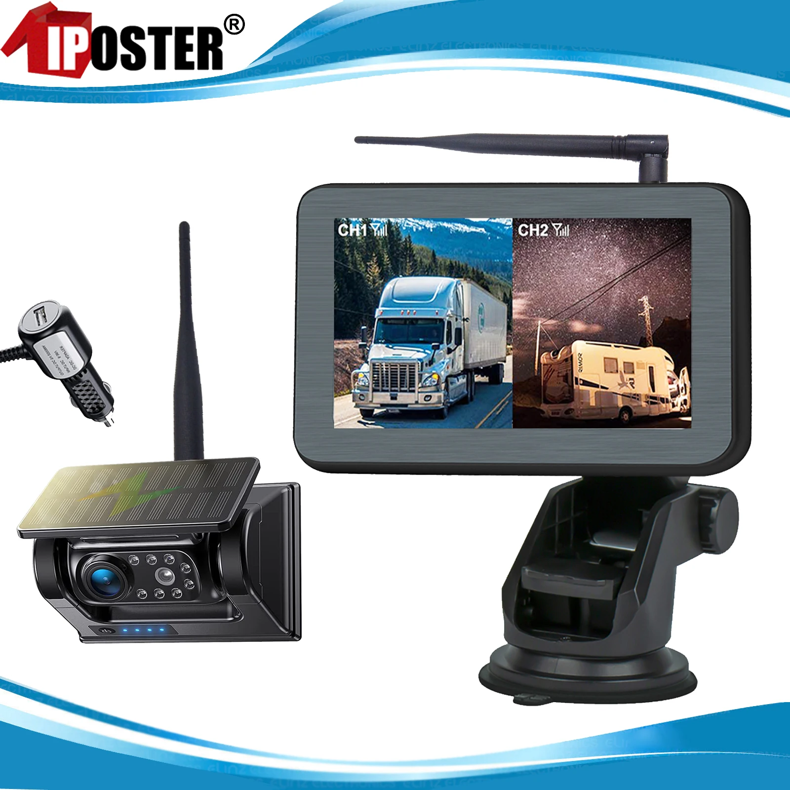 

iPoster Digital Wireless 5" Car Monitor solar magnetic reverse backup camera RV caravan