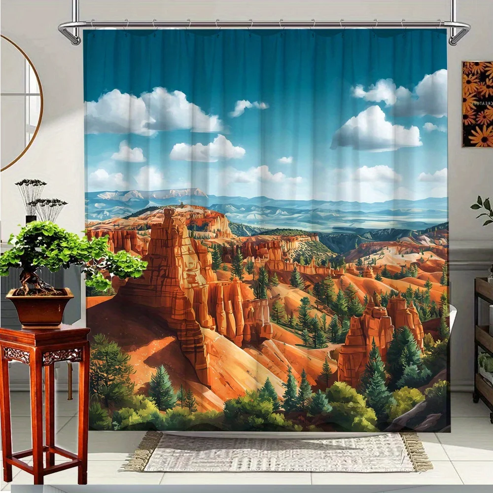 

1pc Scenic Landscape Shower Curtain with Mountain and Sunset View, Polyester Fabric Bathroom Decor, Inspiring Bath Tub Divider