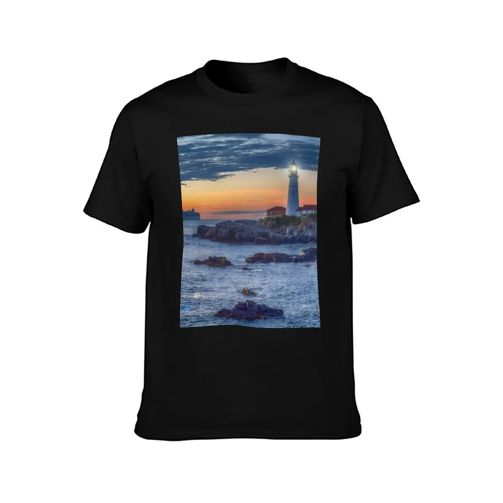 Portland Maine Coastal Lighthouse Sunset T-Shirt Summer Casual Cotton Tee Oversized Streetwear Tops Vintage Graphic Print