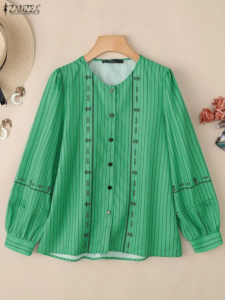 

ZANZEA Stylish Autumn Shirts 2026 Women Elegant Long Lantern Sleeve Work Blouse Striped Printing Tops Buttons Down Blusas Femme