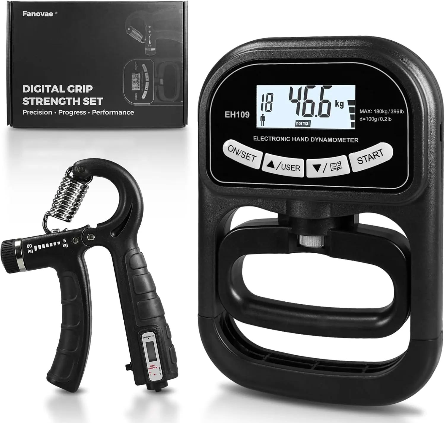 Digital Grip Strength Tester & Trainer Set – LCD Hand Dynamometer with 19-User Memory, USB or Battery Powered + Electronic Grip