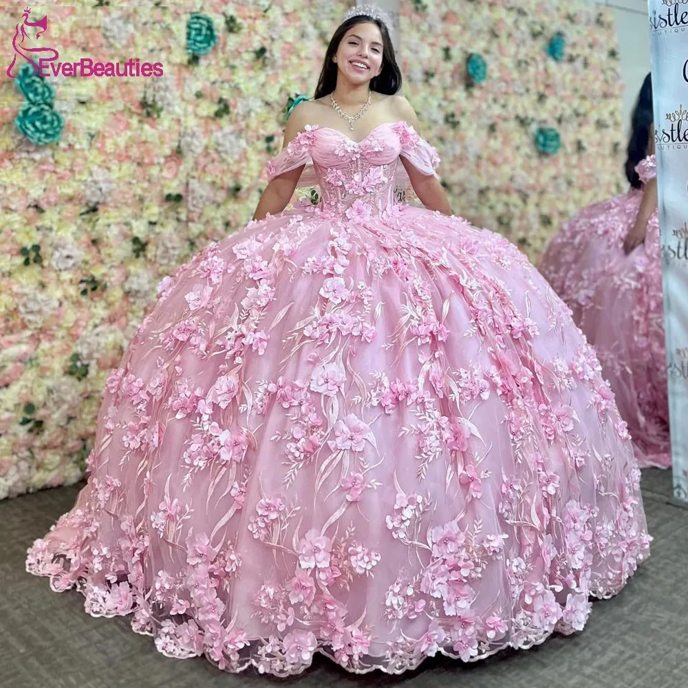 

Ball Gown Quinceanera Dress Party Sweet 15 Tulle 3D Appliques Vestidos De 15 Quinceañera Off Shoulder Prom Dress for Women