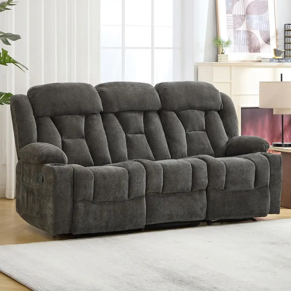 

Grey Chenille Fabric Reclining 3-Seat Sofa with Cup Holders and Side Pockets, Ideal for Living Room, Home Theater, Bedroom, or R