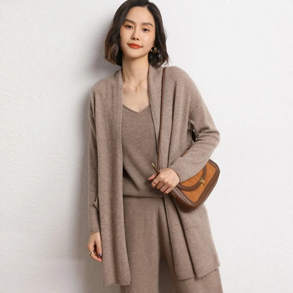 

Женский кашемировый вязаный кардиган-свитер, однотонная элегантная куртка свободного покроя средней длины с карманами на осень-зиму