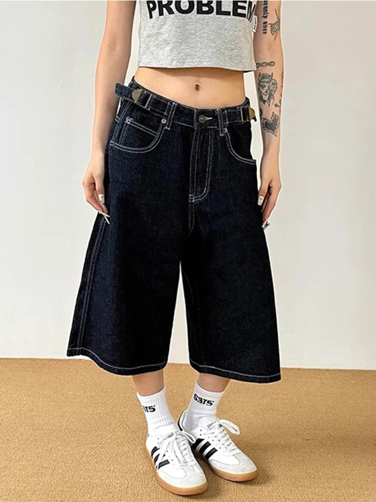 

Ретро-джинсы в американском стиле, регулируемые, синие, деним, для мужчин и женщин, летние, новые, свободные, прямые, широкие, брюки-семь восьмых