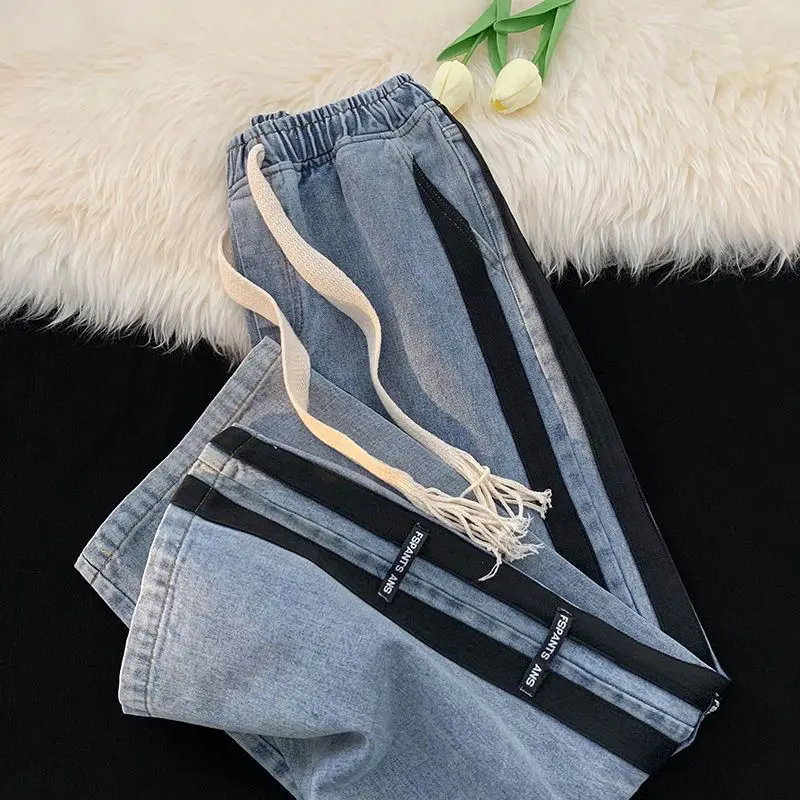Striped Patchwork Jeans for Men in Autumn Trendy Brand Loose Straight Wide-leg American High Street Large Size Casual Long Pants