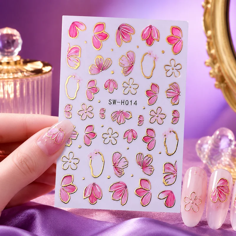 1/2/4pcs 3D Flower Nail Art Stickers Pink Floral Gold Line Self Adhesive Nail Decals DIY Manicure Decoration for Spring Gel Nail