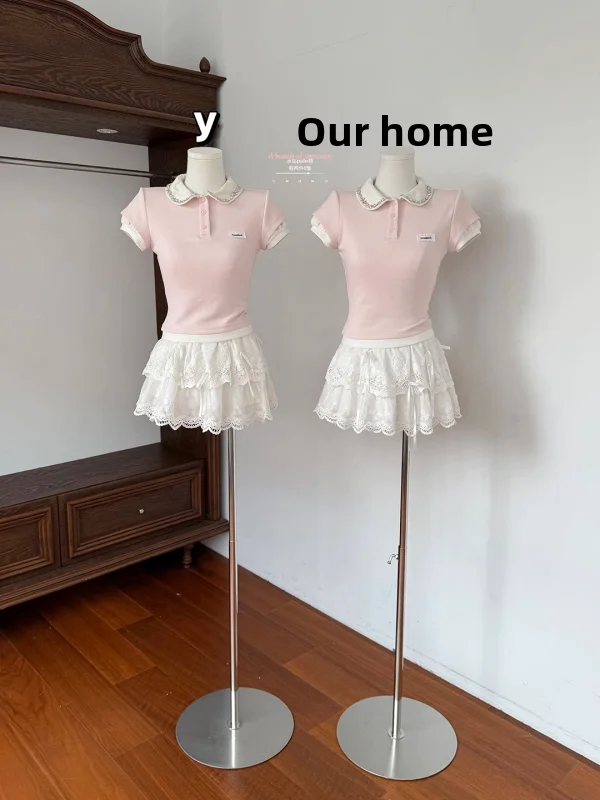 

Pink Splice Fake Two-Piece Short Sleeve Elastic T-Shirt Top by Jiuewu Korean Style Slim Fit Commute Style Summer Wear