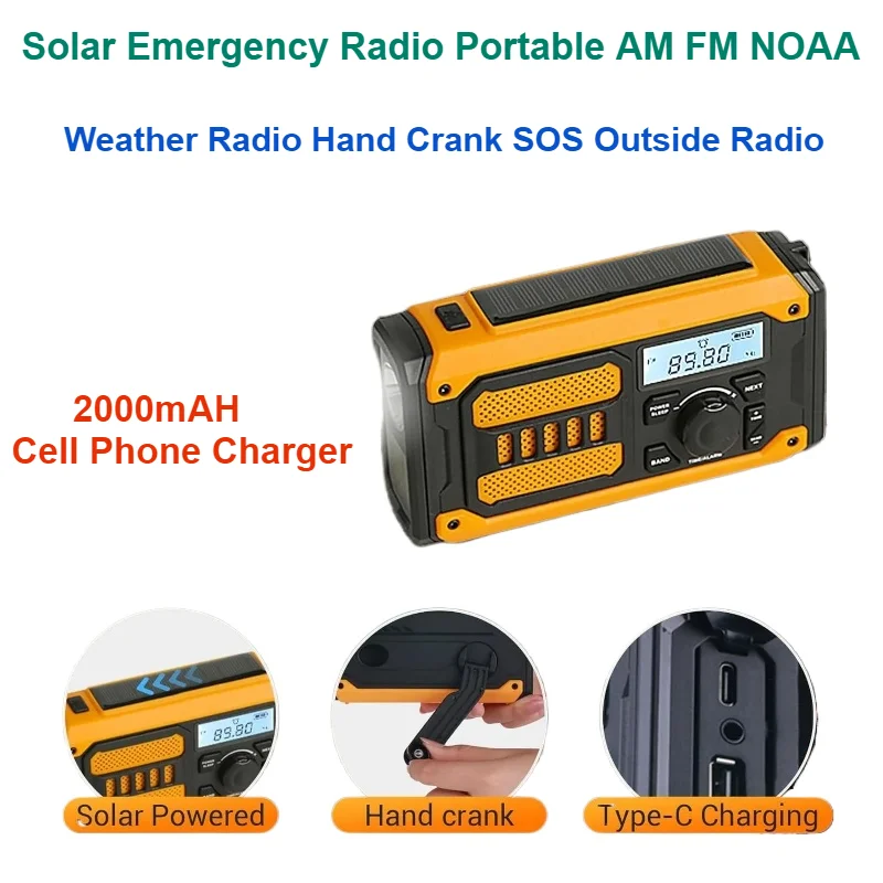 2000mAH Cell Phone Charger Solar Emergency Radio Portable AM FM NOAA Weather Radio Hand Crank SOS Outside Radio