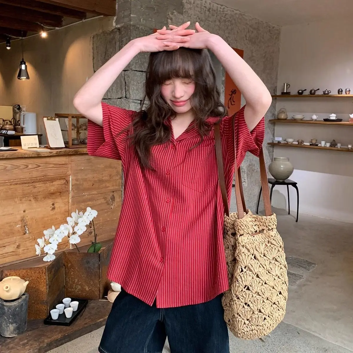 

Short Sleeve Shirts Womens l Patchwork Pintuck Loose Shirt Urban City Modern Artistic Minimalist Student Youthful Chic Fashion
