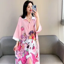 Ice Silk Pajama Dress Women Summer Short Sleeved 2024 New Cute Cat Oversized Fashion Wearing Maternity Shirt Skirt