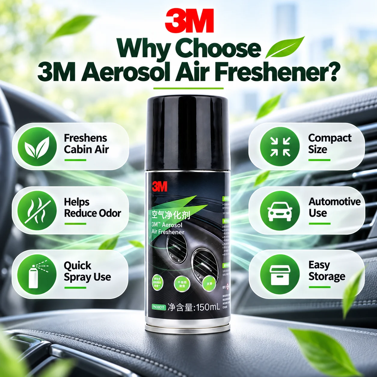 3M PN3801 Aerosol Car Air Freshener Spray Portable Odor Neutralizer For Vehicle Interior Cars SUVs Taxis 150ml