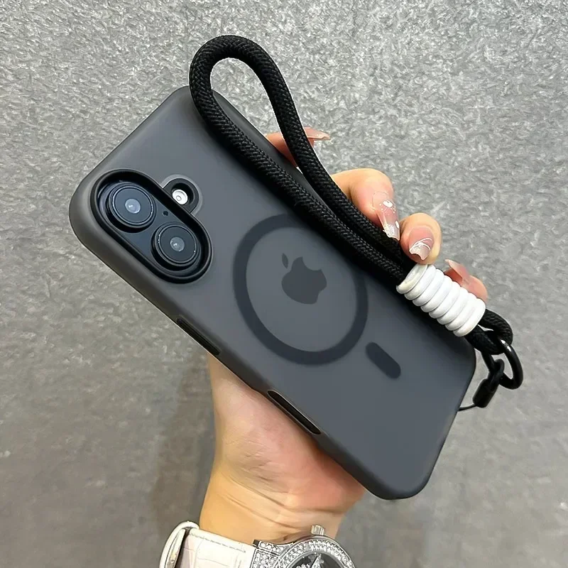 Luxury Double Color for Magsafe Wrist Strap Case for iPhone 16 15 14 17 Pro Max Plus Air 16e 13 11 12 Lanyard Matte Soft Cover