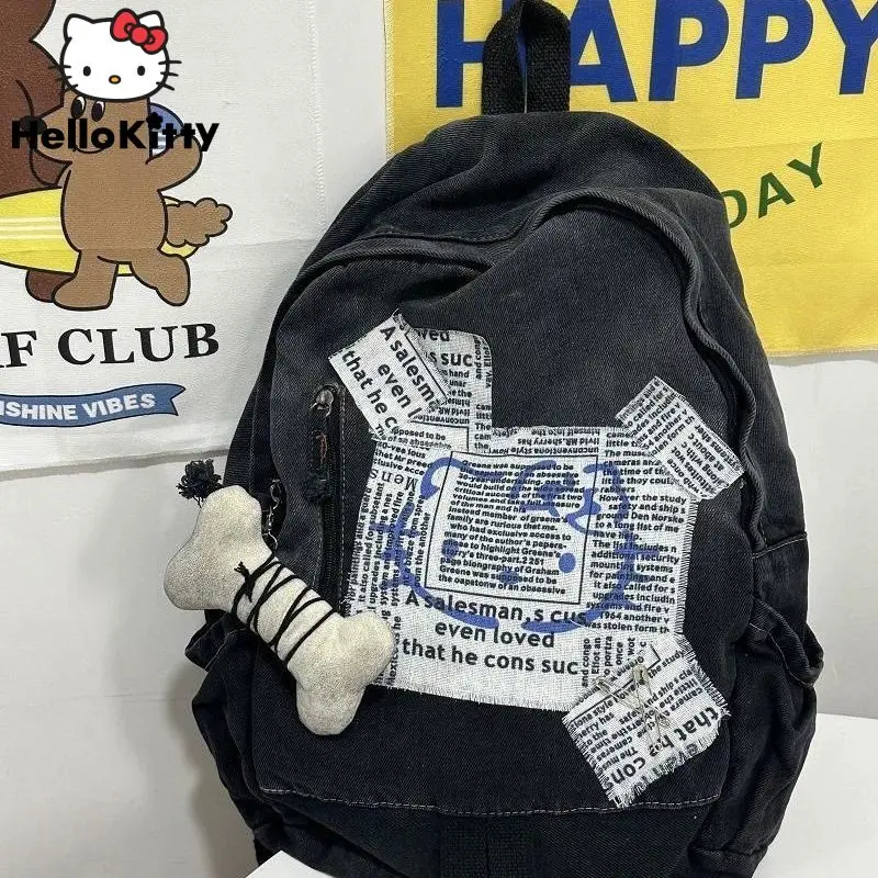 Sanrio Hello Kitty Summer New Letter Black Denim Backpack Y2k Man Women Cartoon Japanese Style Large Capacity Campus Schoolbag