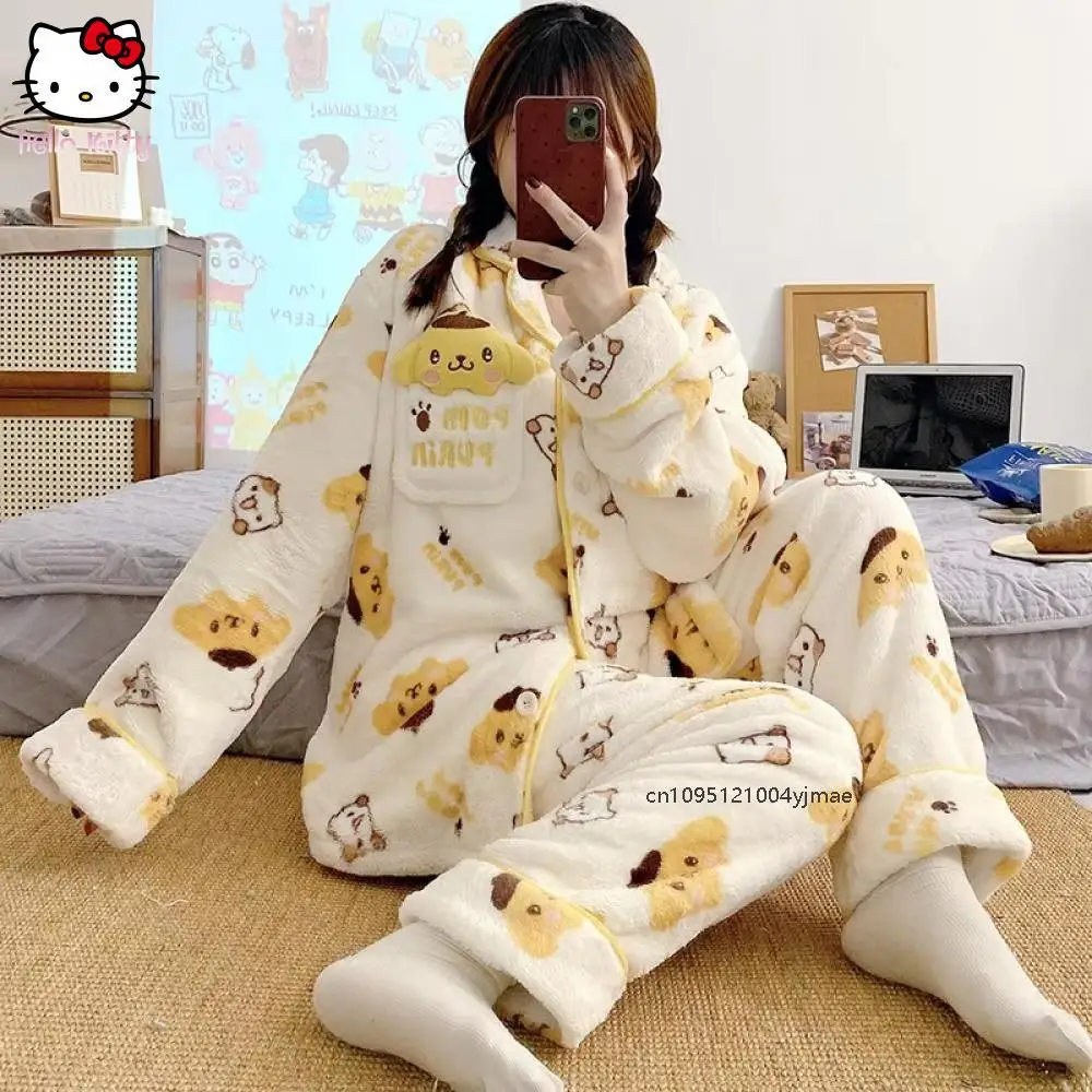 Sanrios Pochacco Addensato Homewear Autunno Inverno Pompompurin Velluto Corallo Pigiama da Donna Vestito Anime Cute Girls Studente Indumenti da Letto