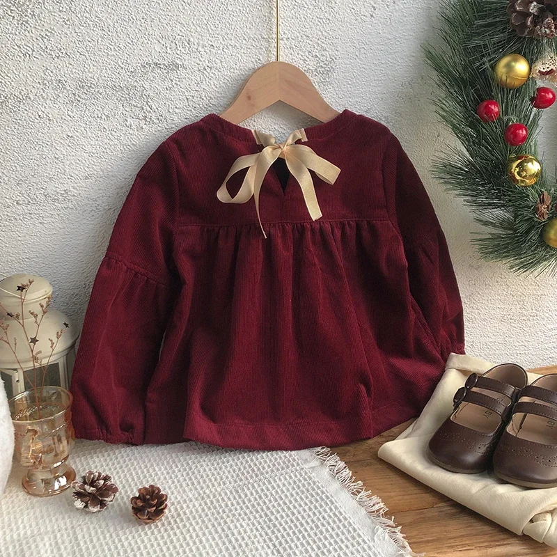 Chic Christmas Burgundy Long Sleeved Blouse Girls Autumn And Winter New Corduroy Bubble Sleeve Shirts Children\'s Clothing