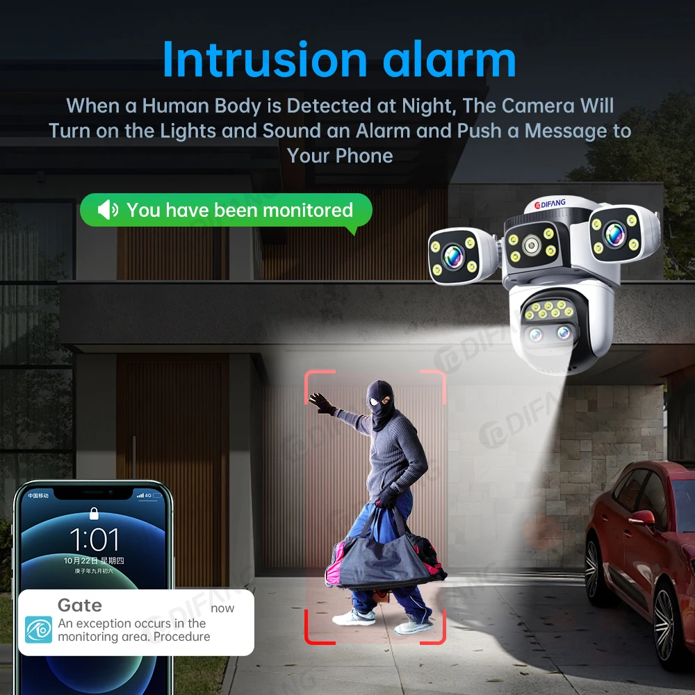 10K WiFi Cam 20MP Wireless Outdoor 10X Zoom Three Screen Four Lens 720° PTZ Automatic Tracking Waterproof Security Camera CCTV