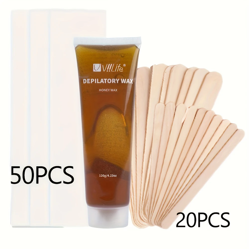 Viilife Honey-Based Sugar Wax Hair Removal Kit 120g with 50 Waxing Strips & 20 Spatulas All Skin Types Low Allergy Alcohol-Free