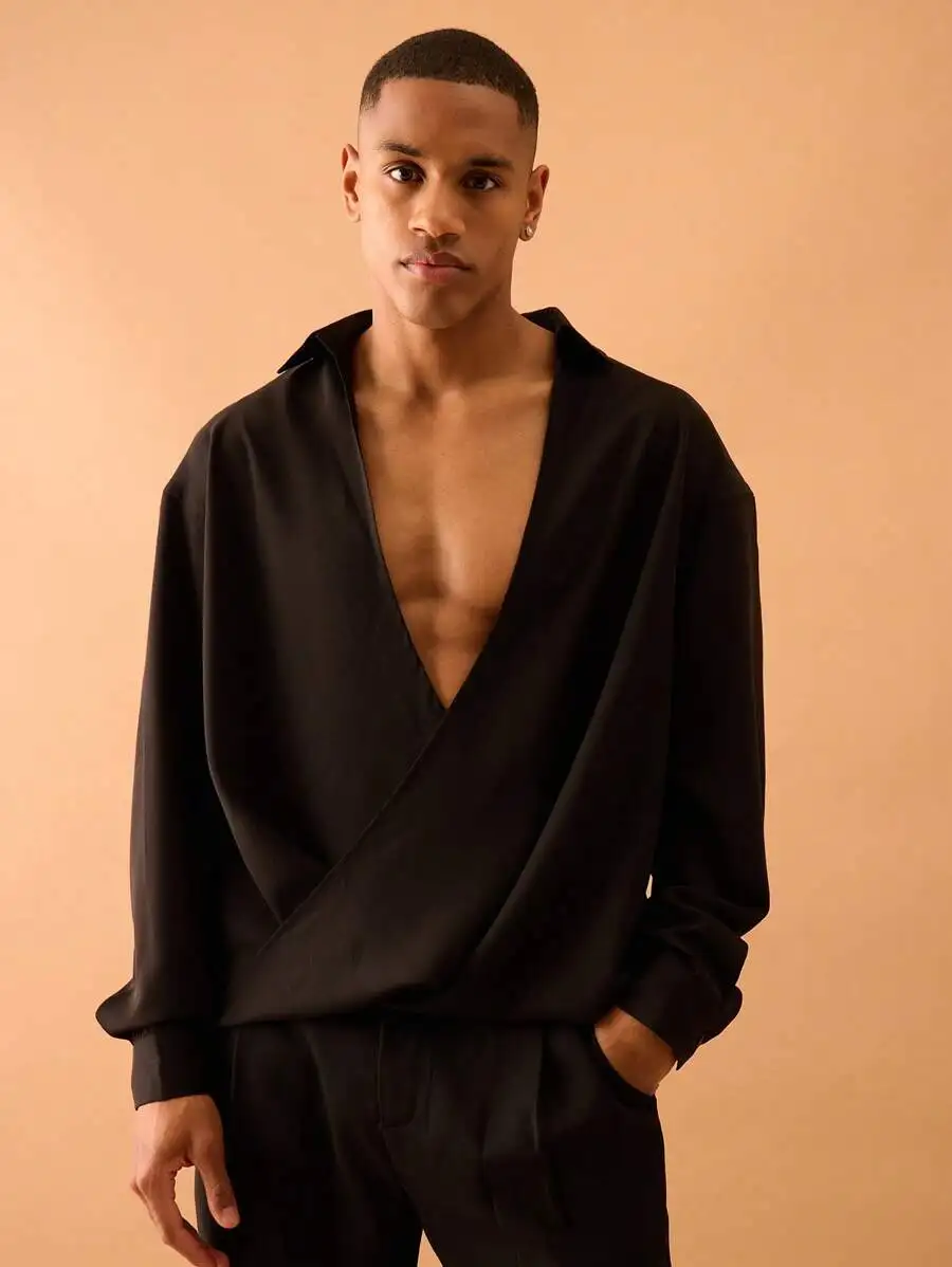 

Men's Black Draped V-Neck Long Sleeve Shirt - Lightweight Chiffon-Like Fabric, Smart Casual Style