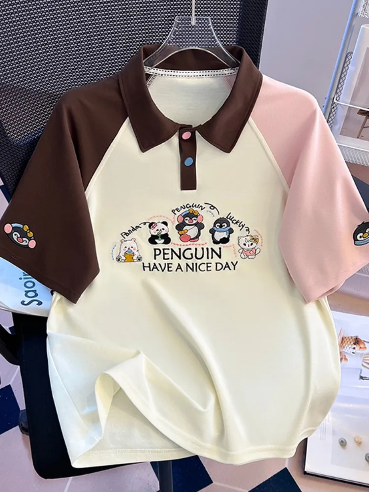 

Embroidered Contrast Color irt Loose ort Sve Women's T-irt Korean Sle Commute Cotton Polyester Blend