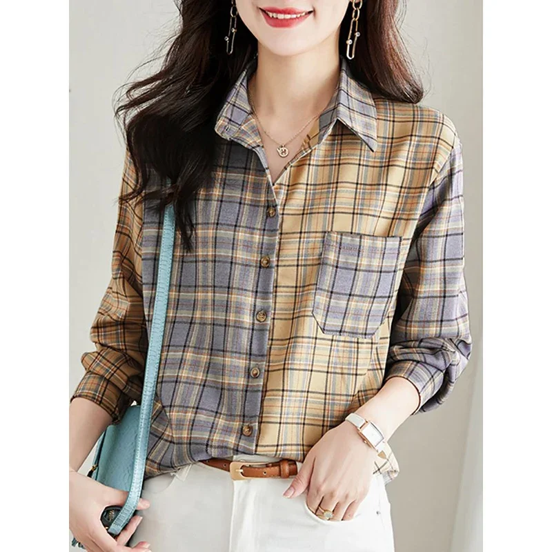 Fashion Lapel Button Pockets Folds Spliced Plaid Shirts Women's Clothing Autumn Winter Loose Commuter Tops Casual Blouses N768