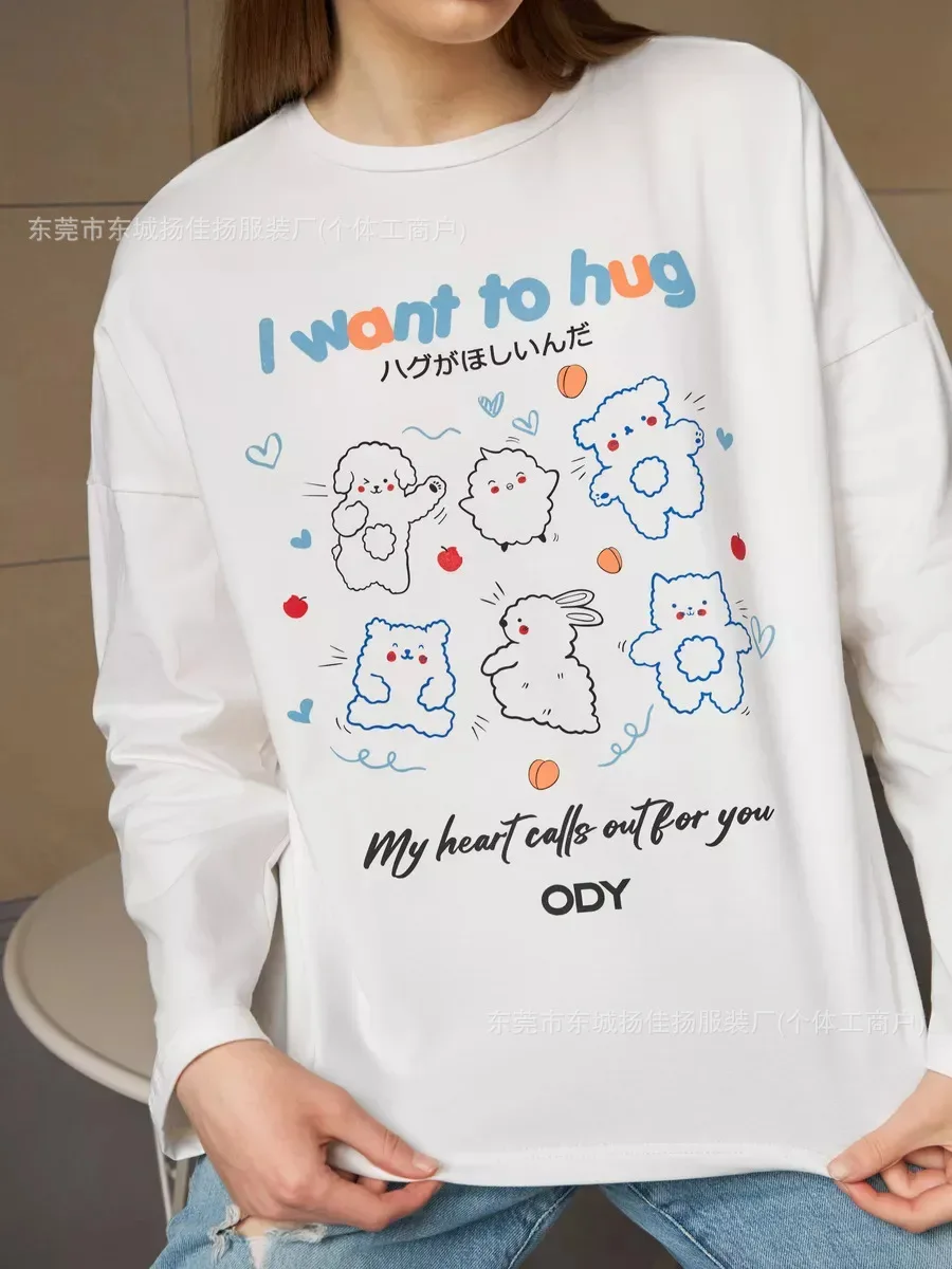 sweet chic Women 100% Cotton Long Sleeve T Shirt Kawaii Cartoon Bear Rabbit Sheep cartoon Loose Oversized Casual Streetwear Tees