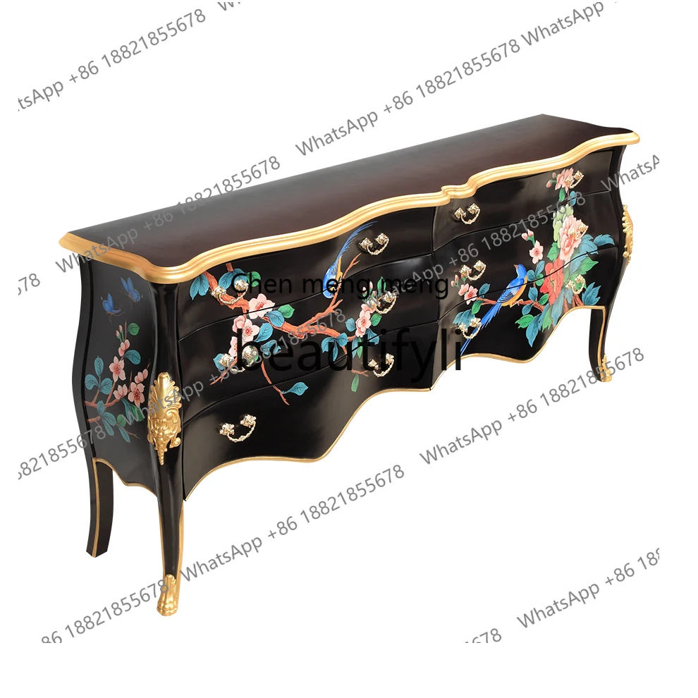 

European Neoclassical French New Chinese Style Black Painted Peony Villa High-end Entry Solid Wood Entrance Cabinet H