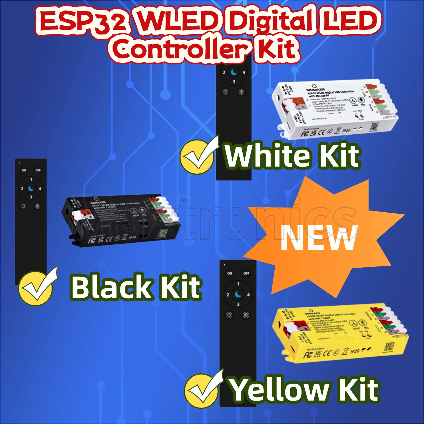 With Mic UART download port  5V-24V16A Fuse WS2811/12B SK6812 RGB IC ~0.5W Standby ESP32 WLED Digital LED Controller Kit