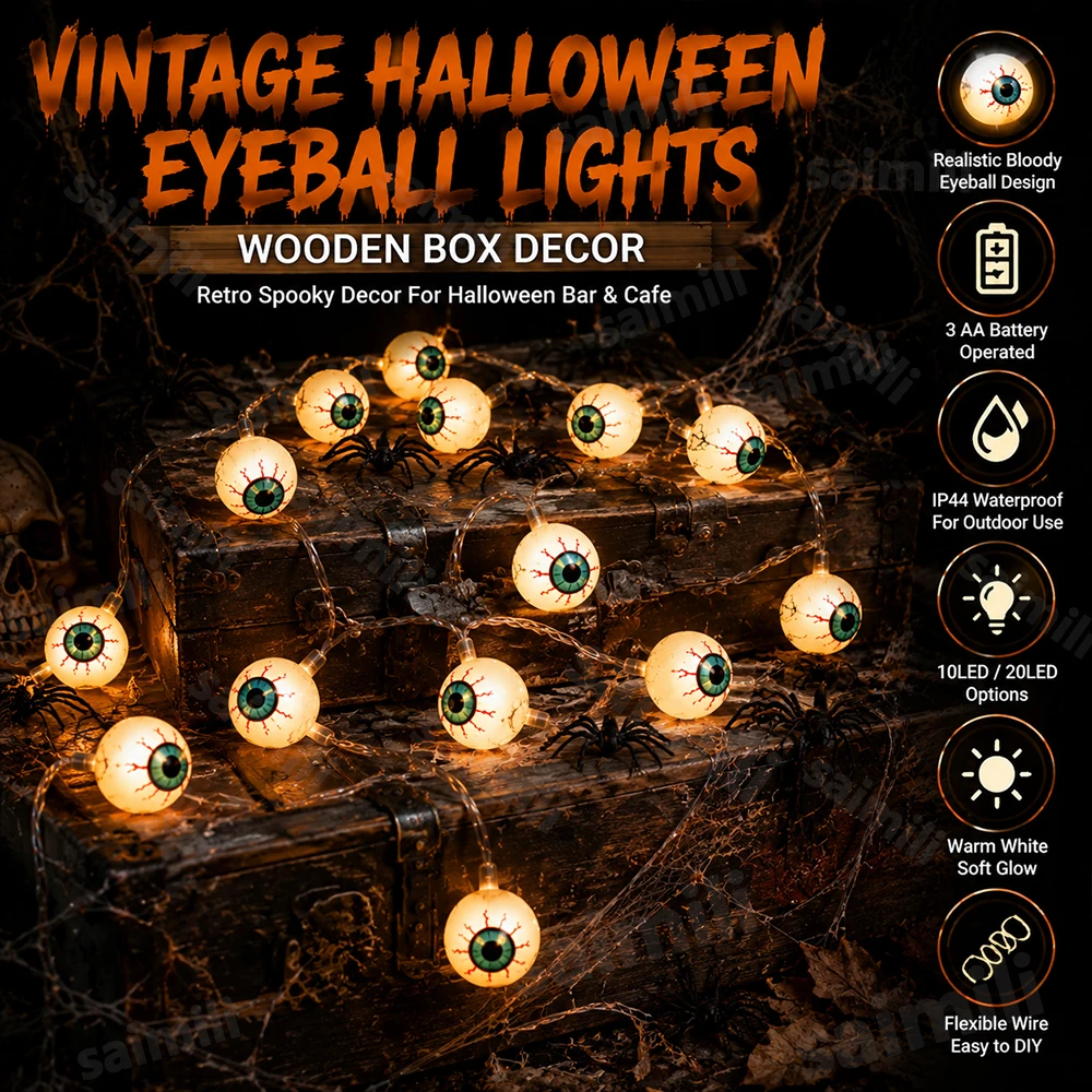 Halloween Luminous Simulation Ghost Eyeball LED String Lights Battery Creepy Horror Prop Lamp For Home Party Holidays Decor