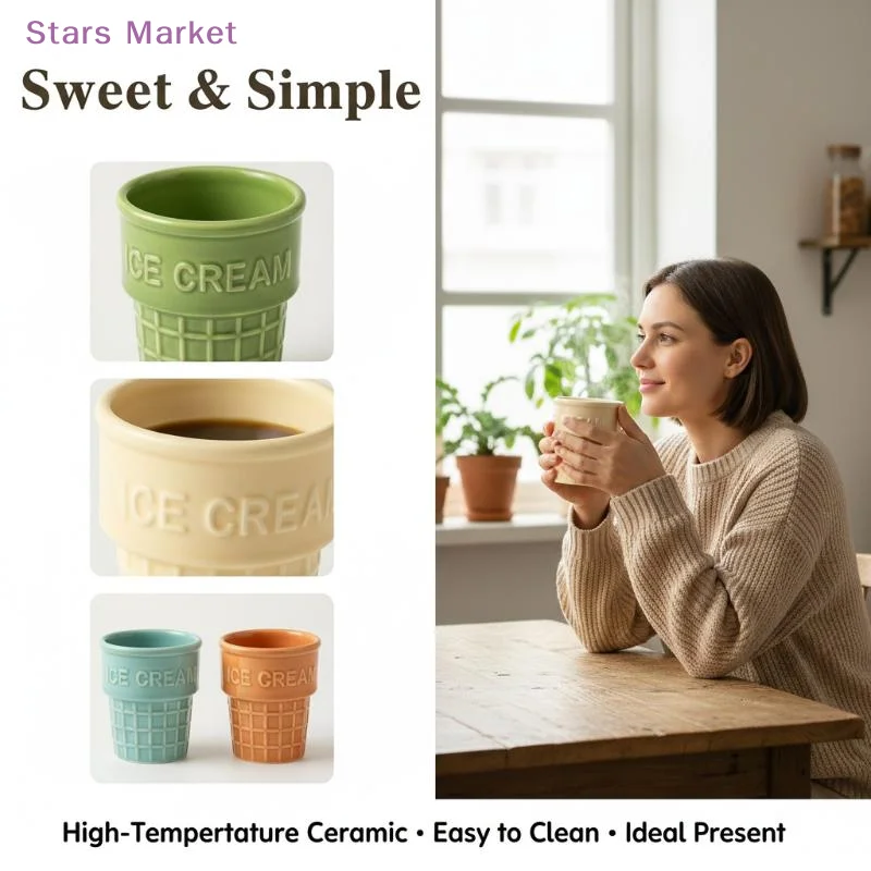 Colorful Ceramic Ice Cream Cups Dessert Coffee Mug With Waffle Cone Design Cute Aesthetic For Home Cafe Afternoon Tea Party Use