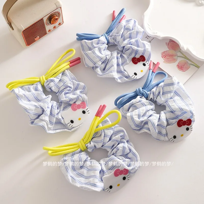 

Hello Kitty Sweet Fashionable Bow Large Intestine Ring Hairstring Refreshing Blue Stripe Large Hairband Women Products Wholesale