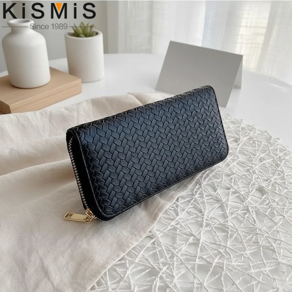 

New Fashionable Women's Wallet with Long Zipper - Stylish PU Leather Woven Design Clutch for Coins and Cards