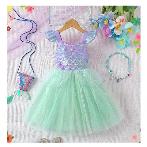 Sequin Performance Costume Girl  Princess Dresses Sling Mesh Skirt Birthday Girl Dress Mermaid Themed Party Girl Clothes