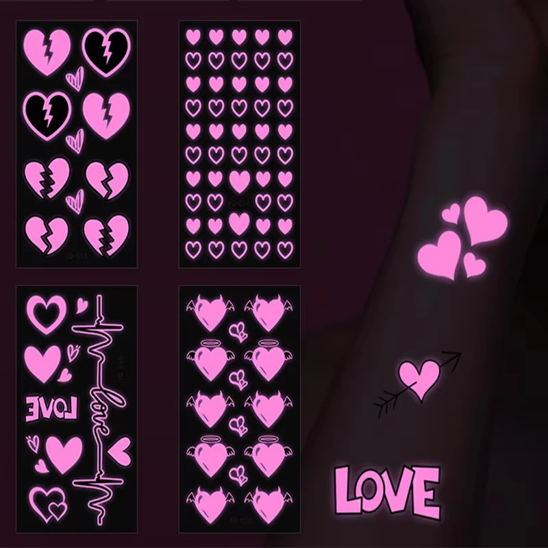 Valentine's Day Love Heart Stickers Skin Temporary Tattoos Fluorescent Tattoo Waterproof For Party Festival Body Art Decals
