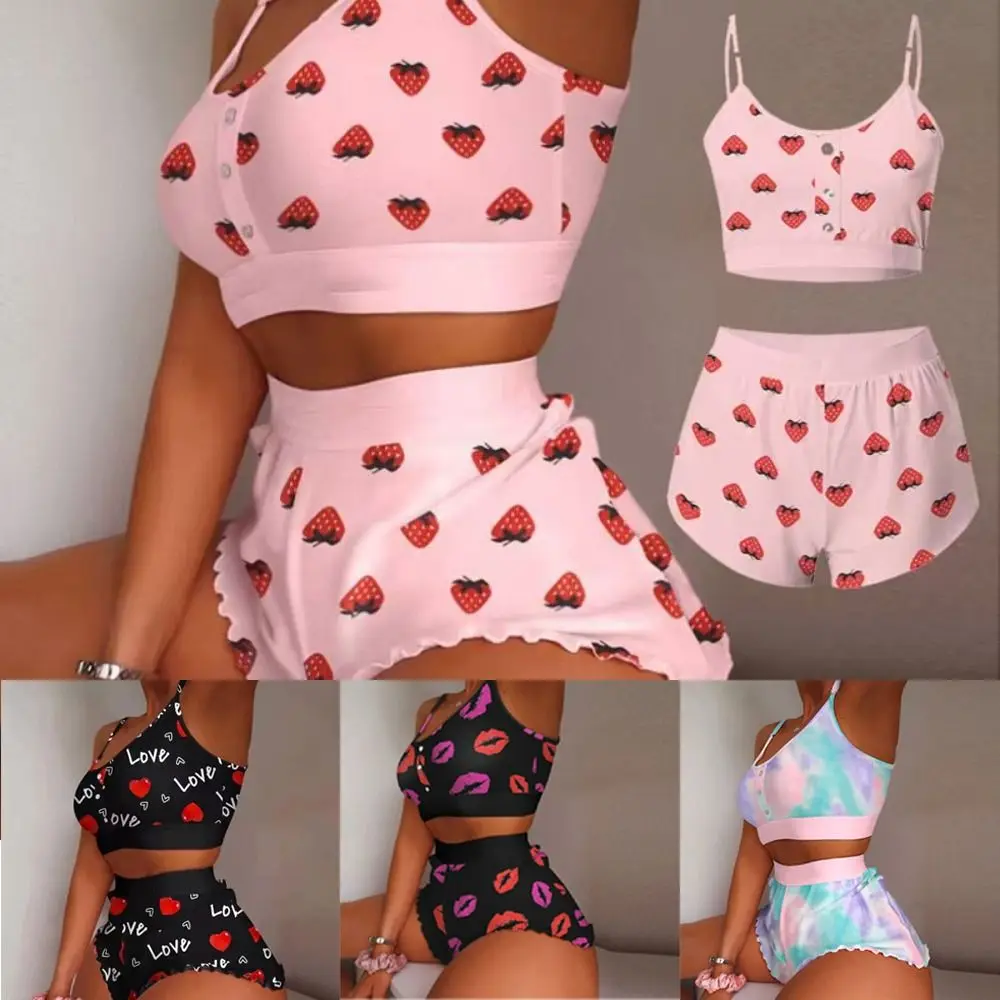 Fashion Multiple Print Women Pajama Set Suspender Style Sleeveless Pajama Shorts Set Breathable Comfortable Sleepwear Set