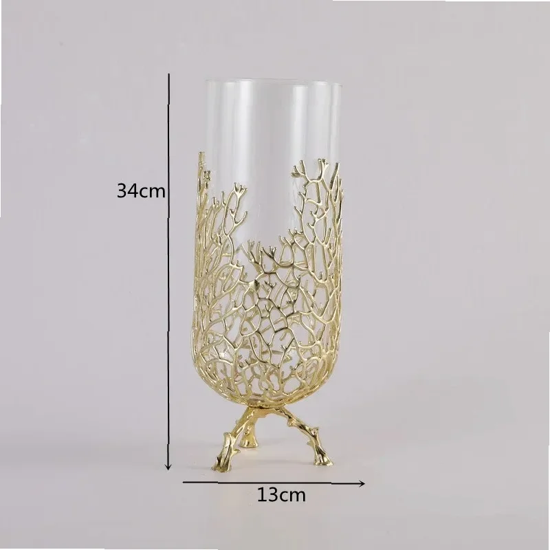 

Gold Hollow Coral Vase Transparent Glass Vase Ornament Metal Rack Living Room Hydroponic Flower Arrangement Home Decoration